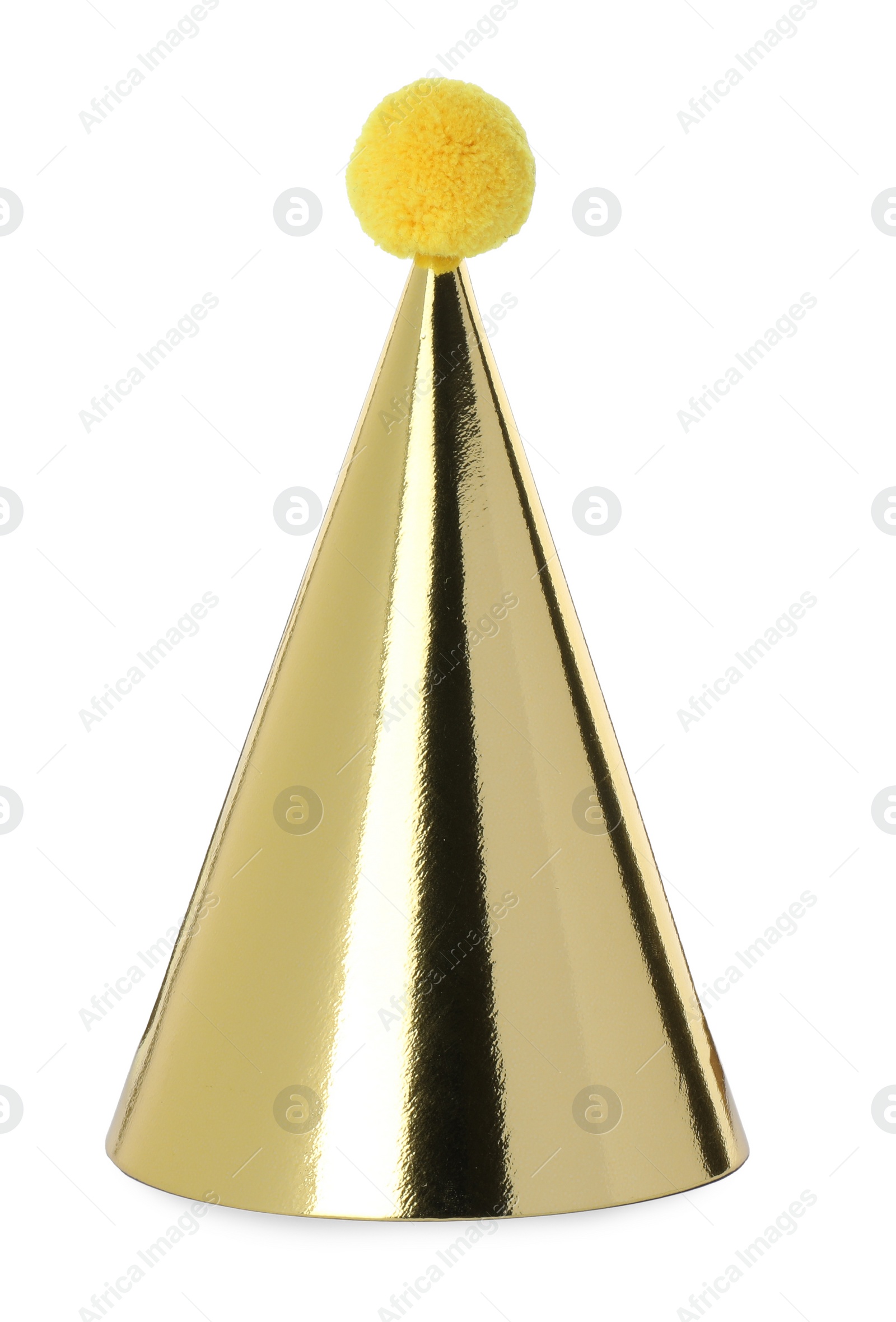 Photo of One shiny golden party hat with pompom isolated on white