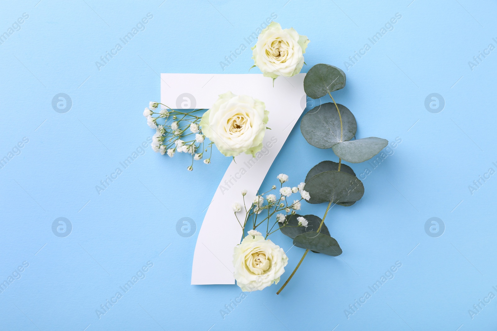 Photo of Paper number 7, beautiful flowers and eucalyptus branch on light blue background, top view