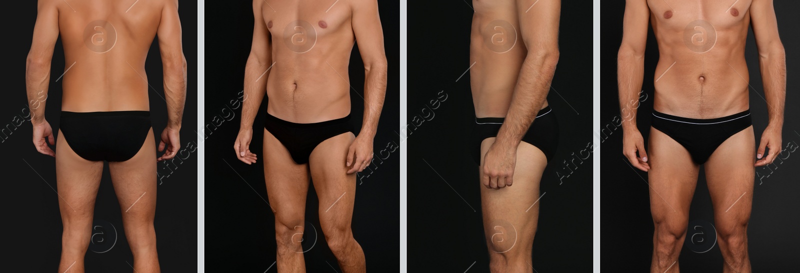 Image of Collage with photos of man wearing underwear on black background, closeup. Banner design