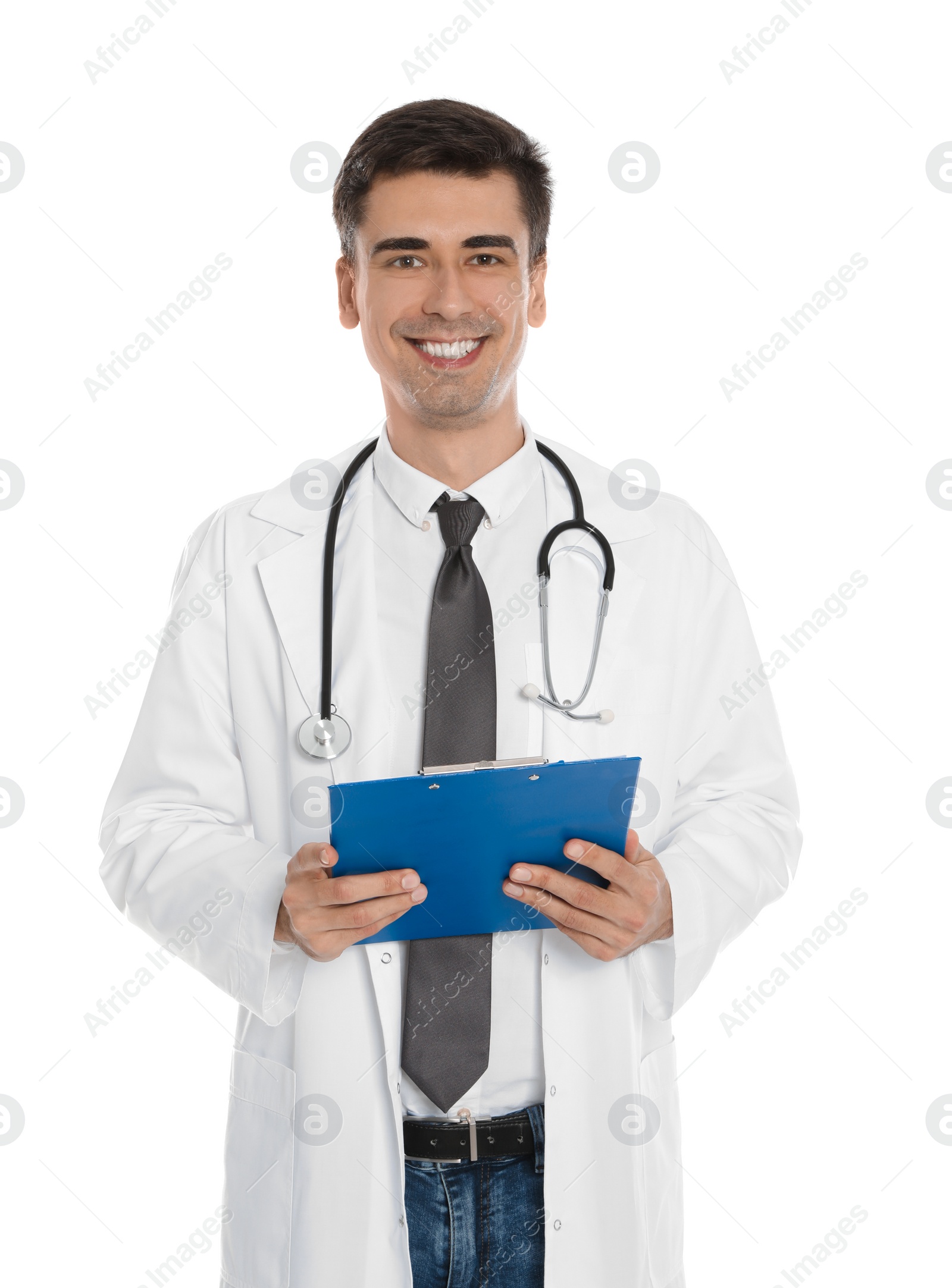 Photo of Portrait of medical doctor with clipboard and stethoscope isolated on white