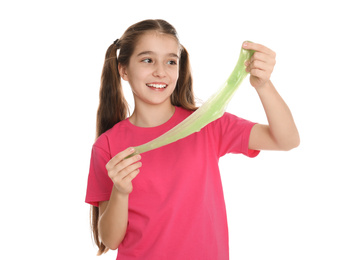 Preteen girl with slime on white background