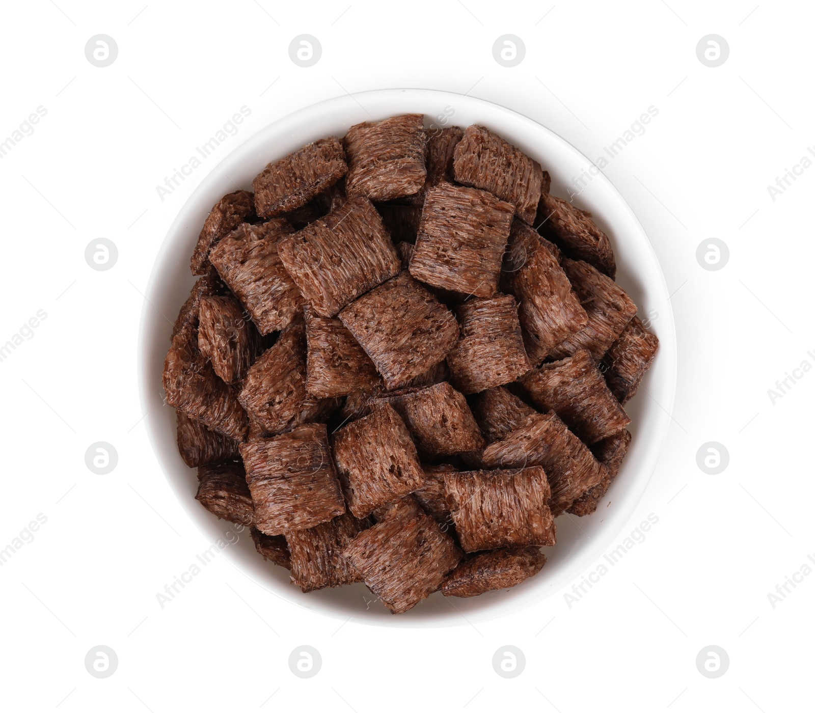 Photo of Chocolate cereal pads in bowl isolated on white, top view