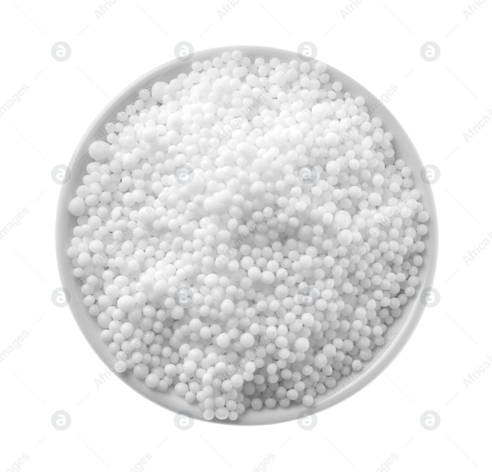 Photo of Pellets of ammonium nitrate isolated on white, top view. Mineral fertilizer