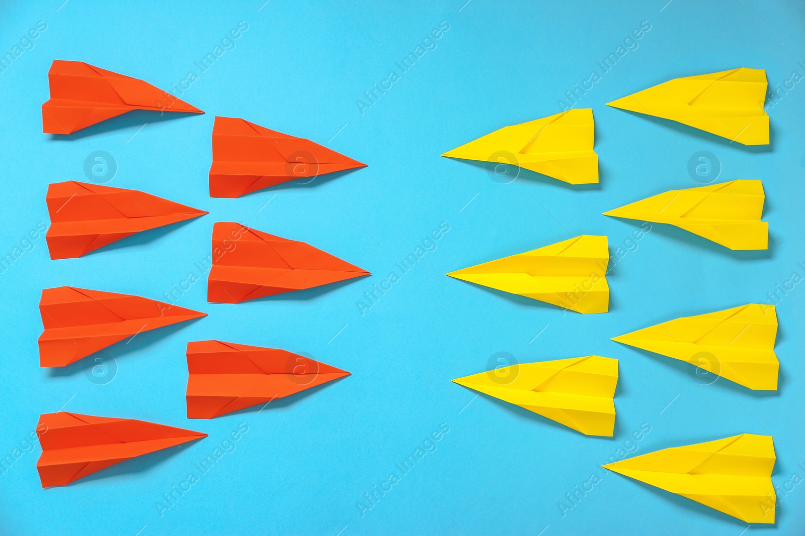 Photo of Flat lay composition with different paper planes on light blue background