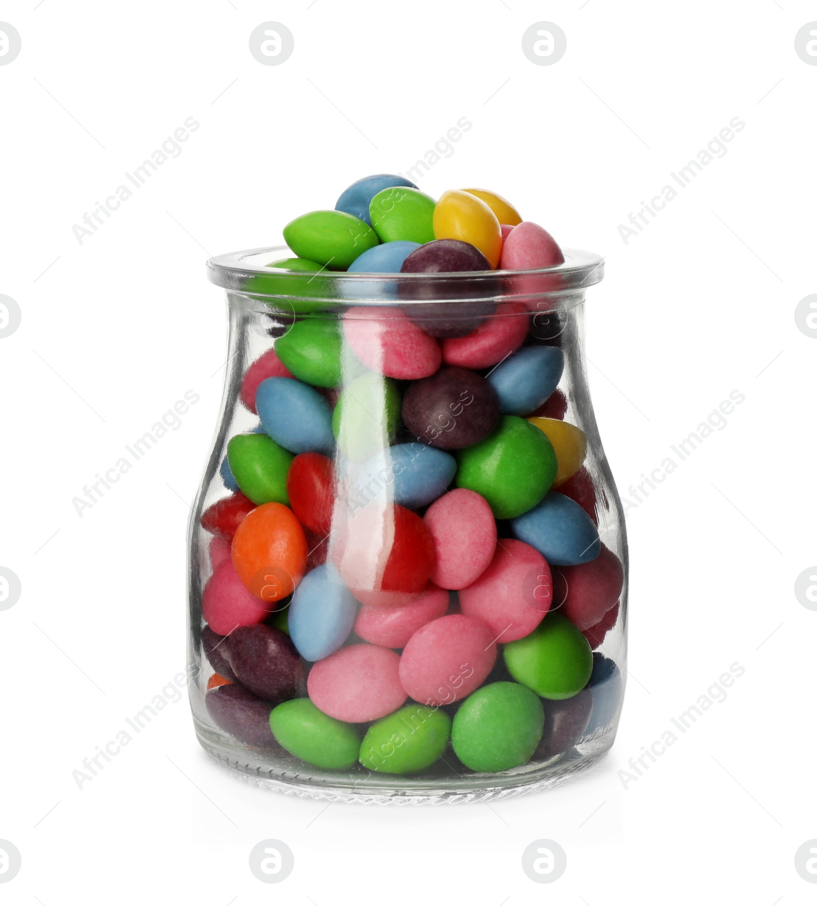 Photo of Many tasty candies in glass jar isolated on white