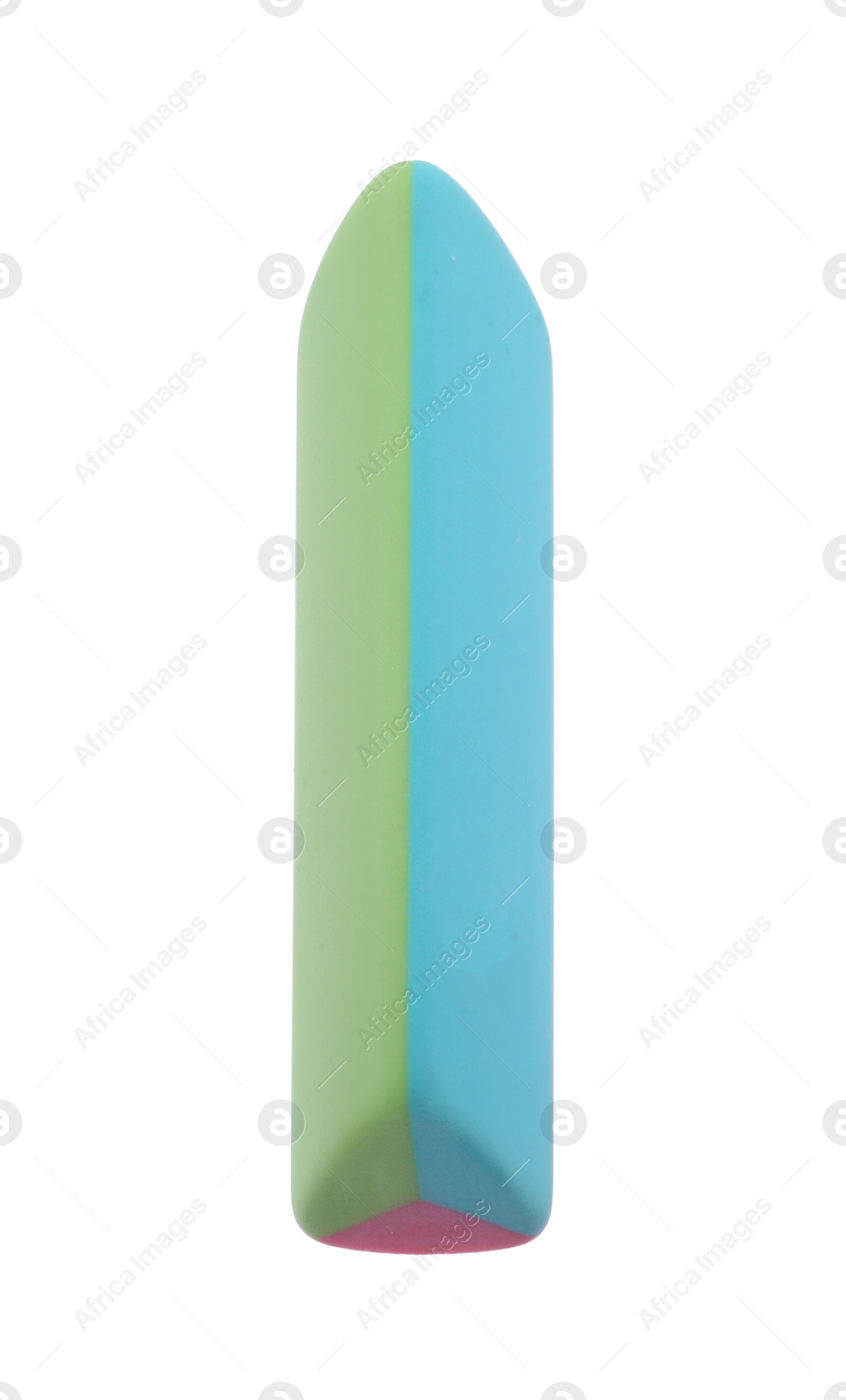 Photo of New eraser isolated on white. School stationery