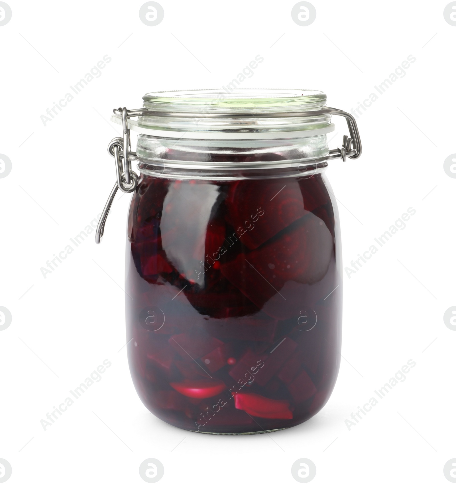 Photo of Pickled beets in glass jar isolated on white