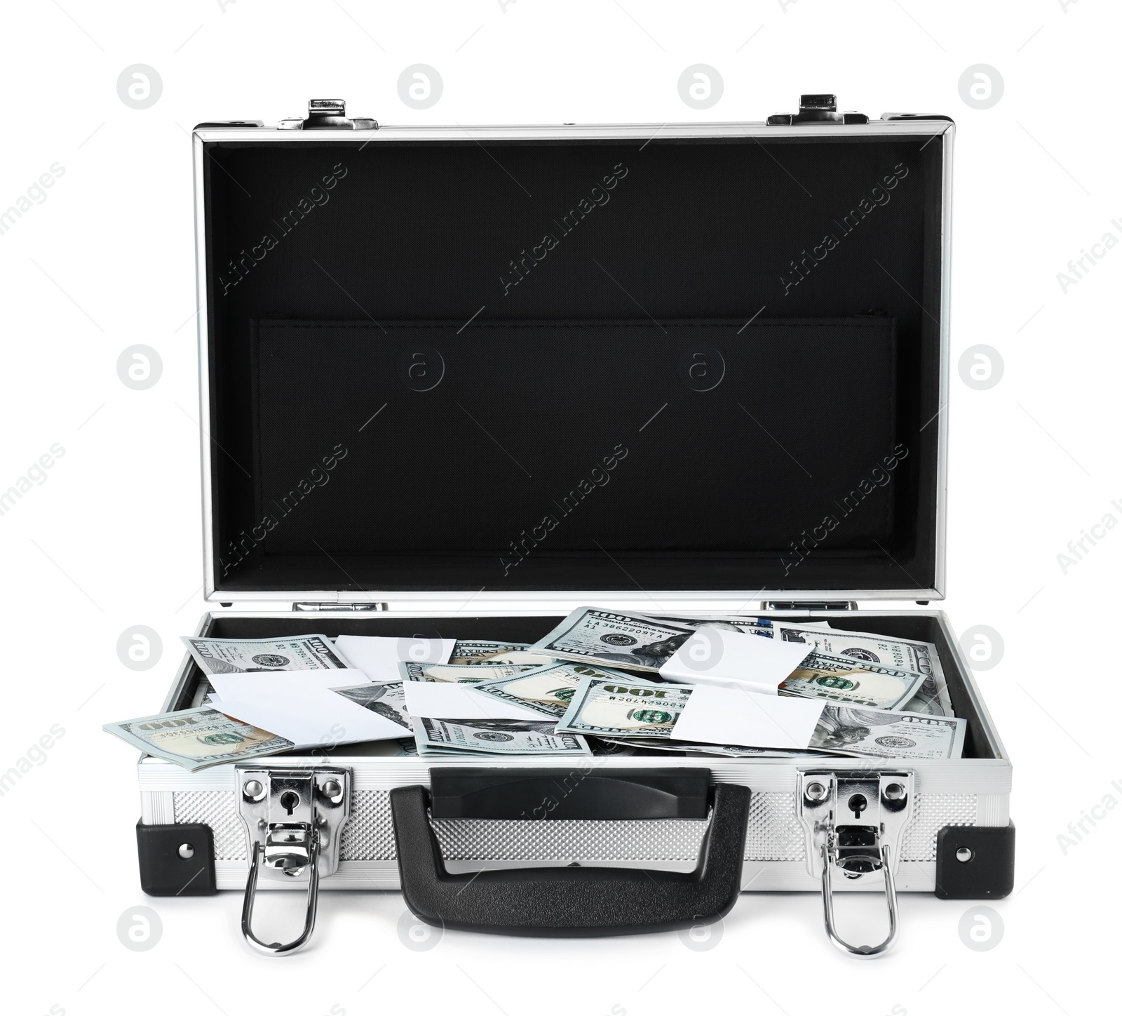 Photo of Open suitcase full of money on white background