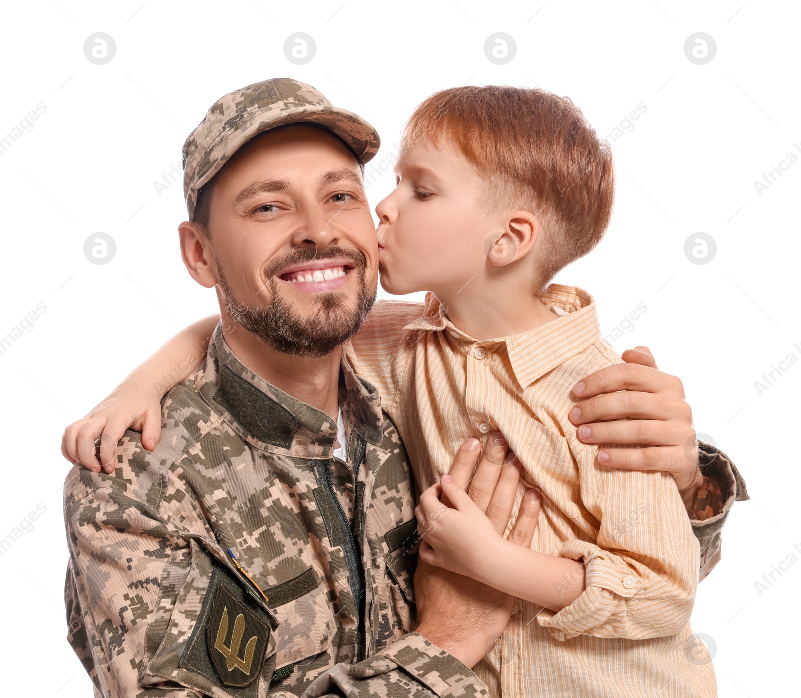 Photo of Ukrainian defender in military uniform with his little son on white background