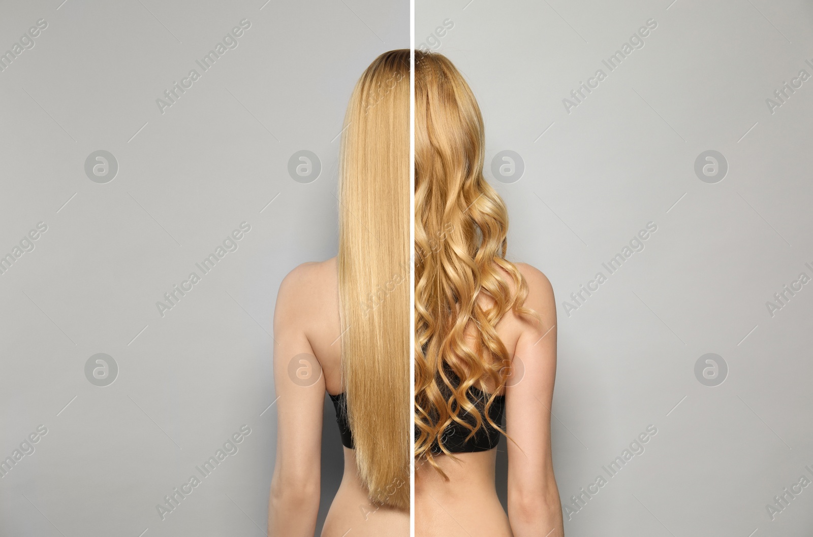 Image of Young woman with long hair before and after using curlers on grey background, collage