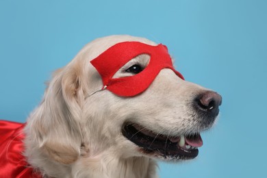 Photo of Adorable dog in red superhero mask on light blue background, closeup