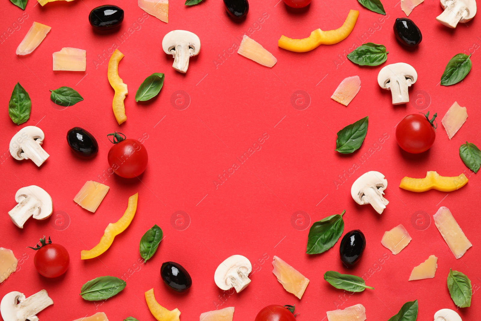 Photo of Flat lay composition with fresh pizza ingredients on red background. Space for text