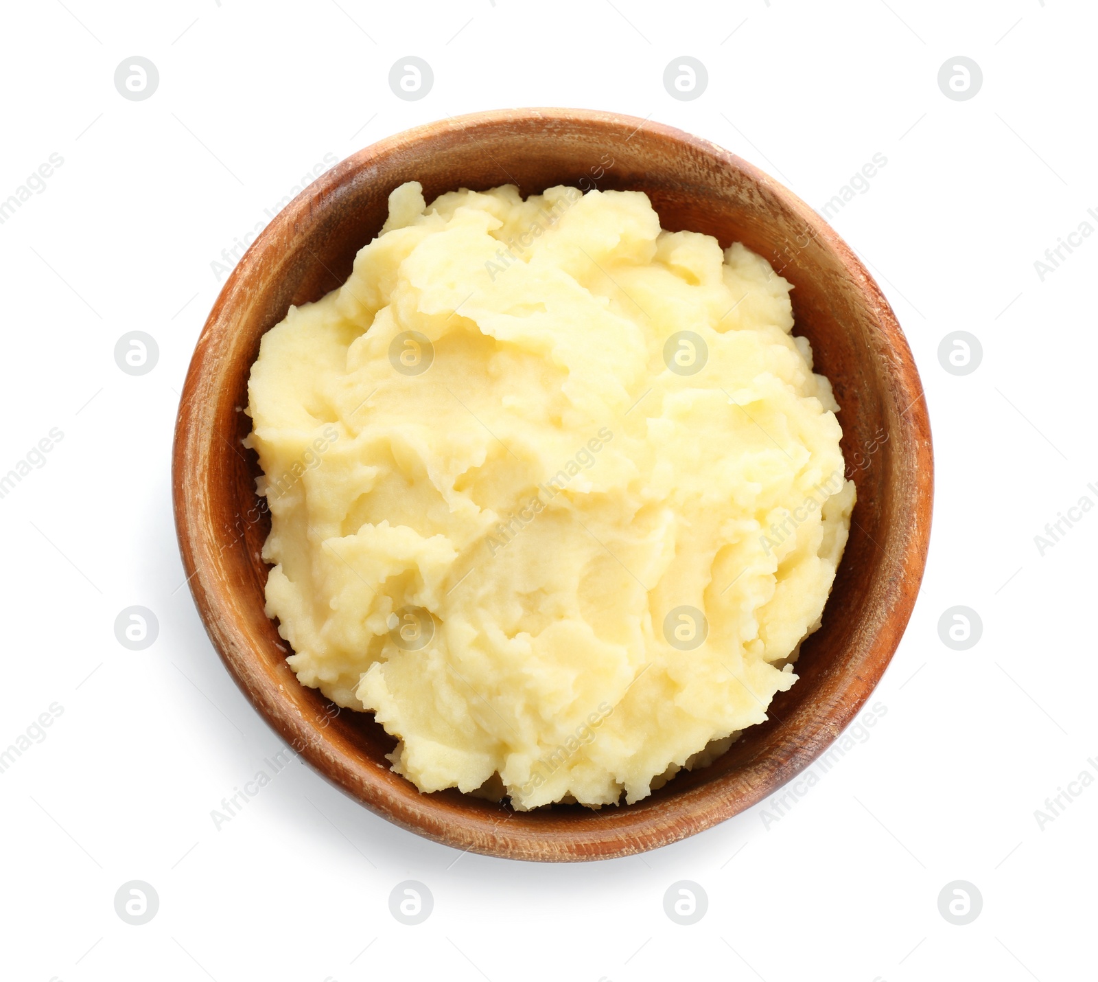 Photo of Bowl with mashed potatoes on white background, top view