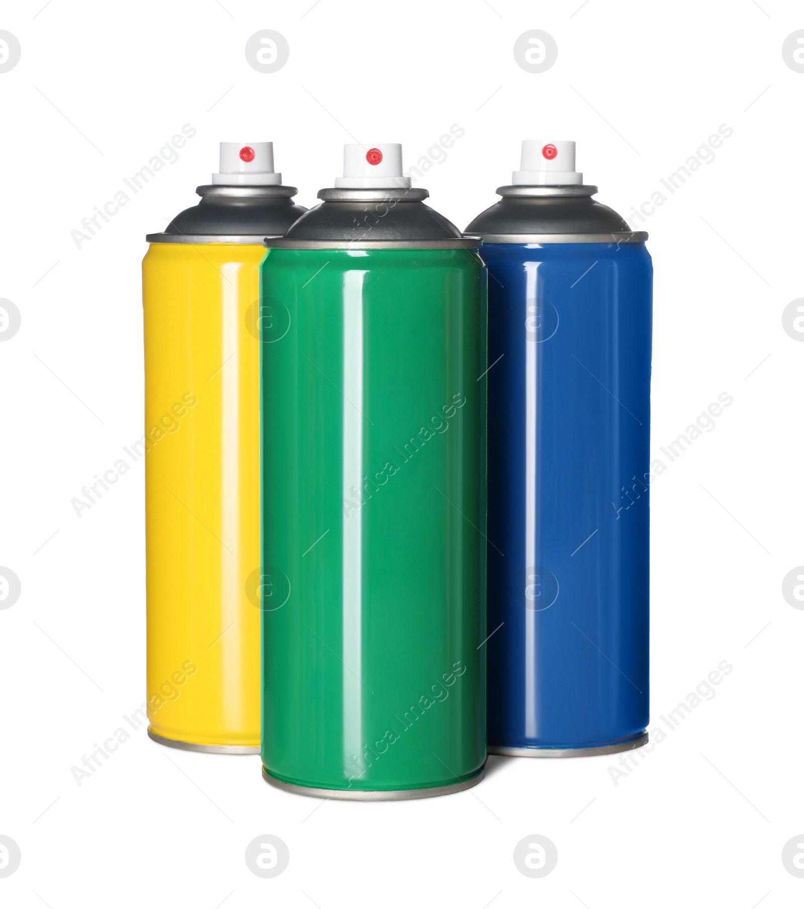 Photo of Colorful cans of spray paints on white background