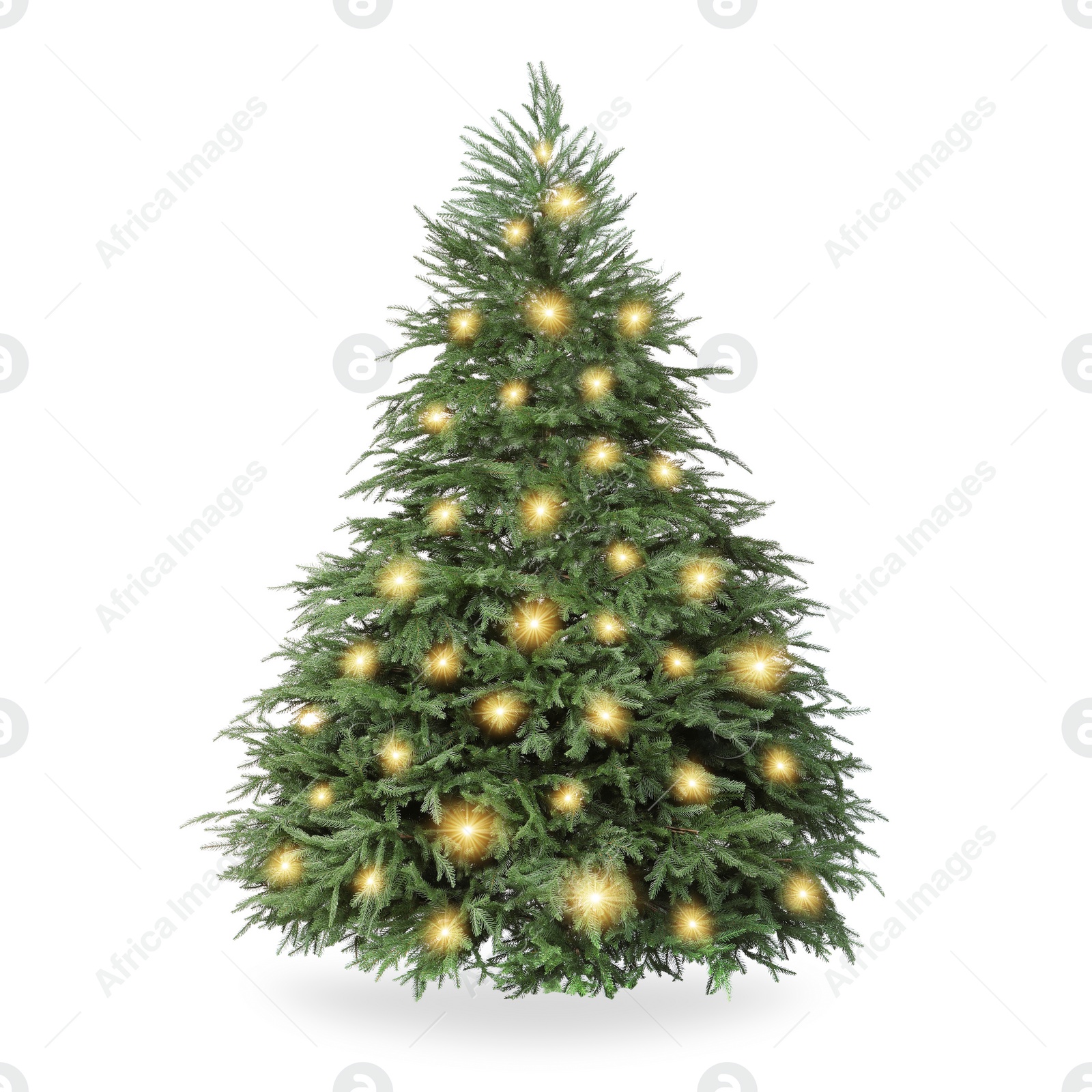 Image of Christmas tree decorated and festive lights isolated on white