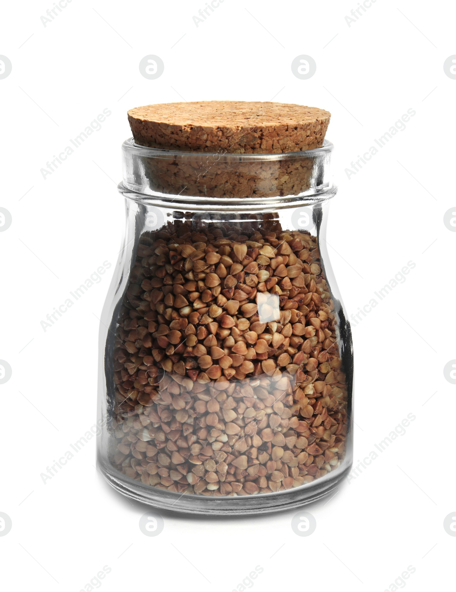 Photo of Jar with uncooked buckwheat on white background