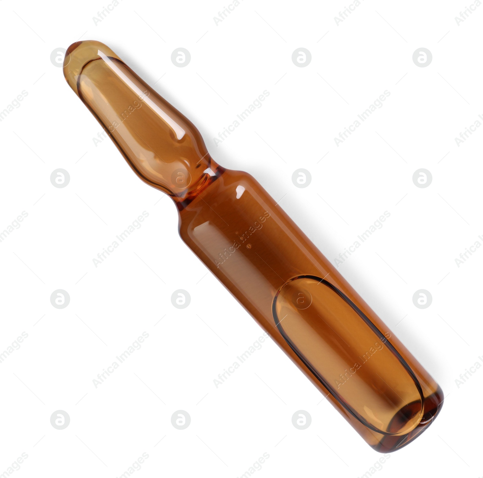 Photo of Glass ampoule with pharmaceutical product on white background, top view