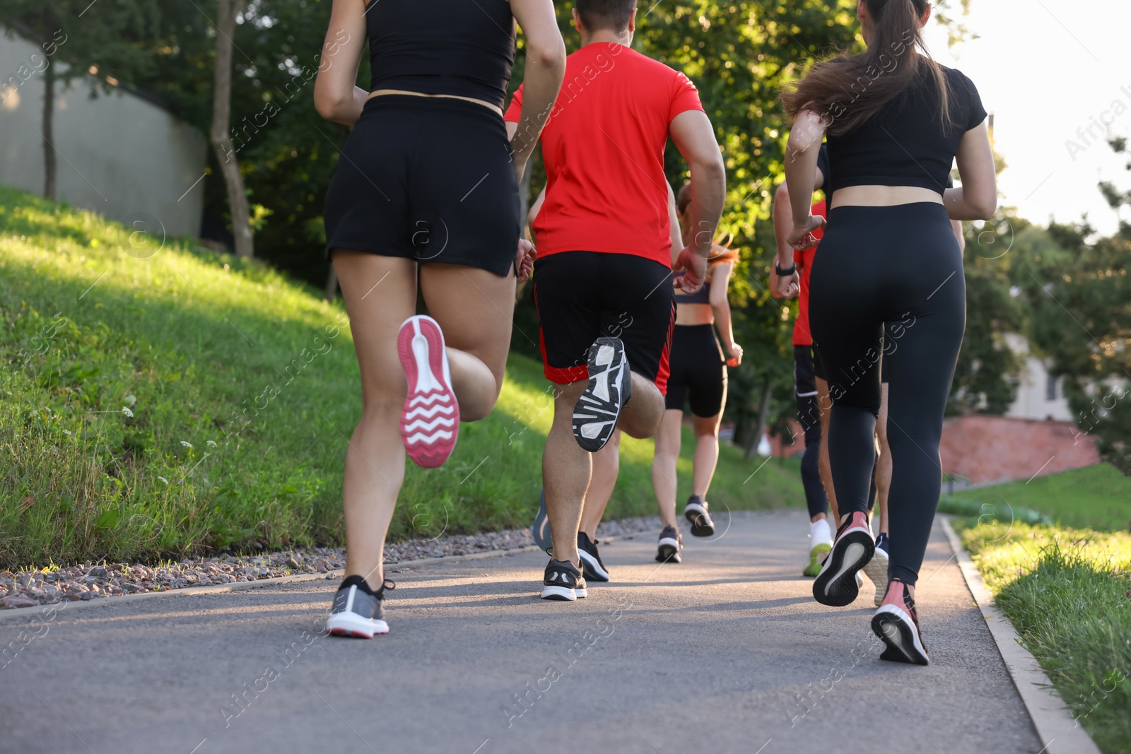 Photo of Group of people running outdoors, back view