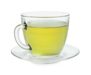 Photo of Fresh green tea in glass cup and saucer isolated on white