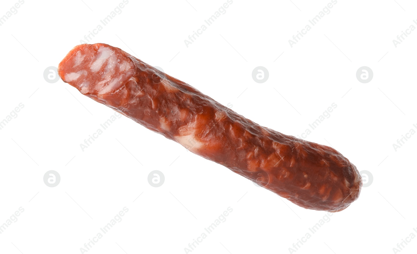 Photo of Thin dry smoked sausage isolated on white