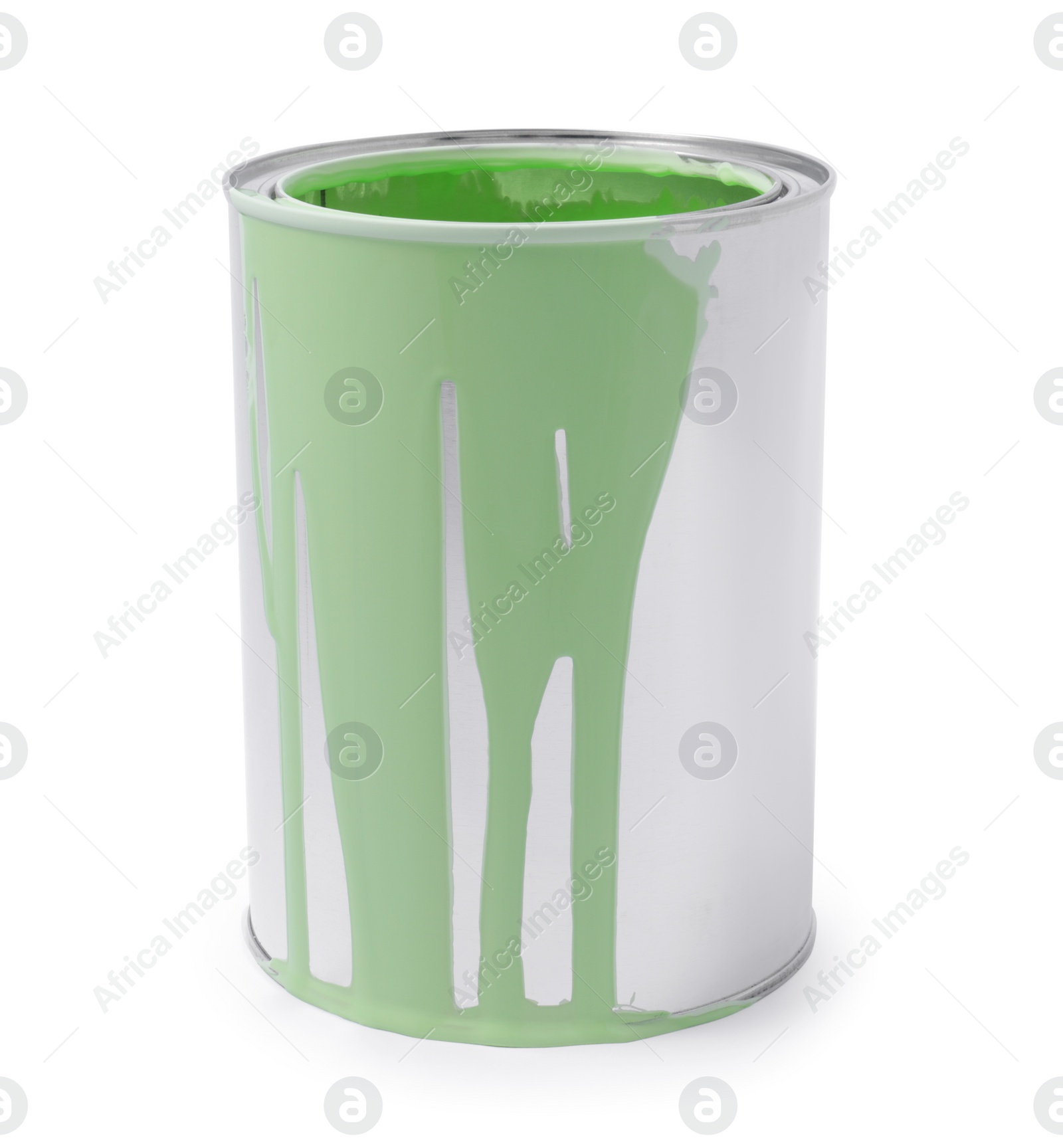 Photo of Can of light green paint isolated on white