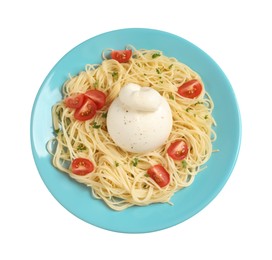 Photo of Plate of delicious pasta with burrata and tomatoes isolated on white, top view