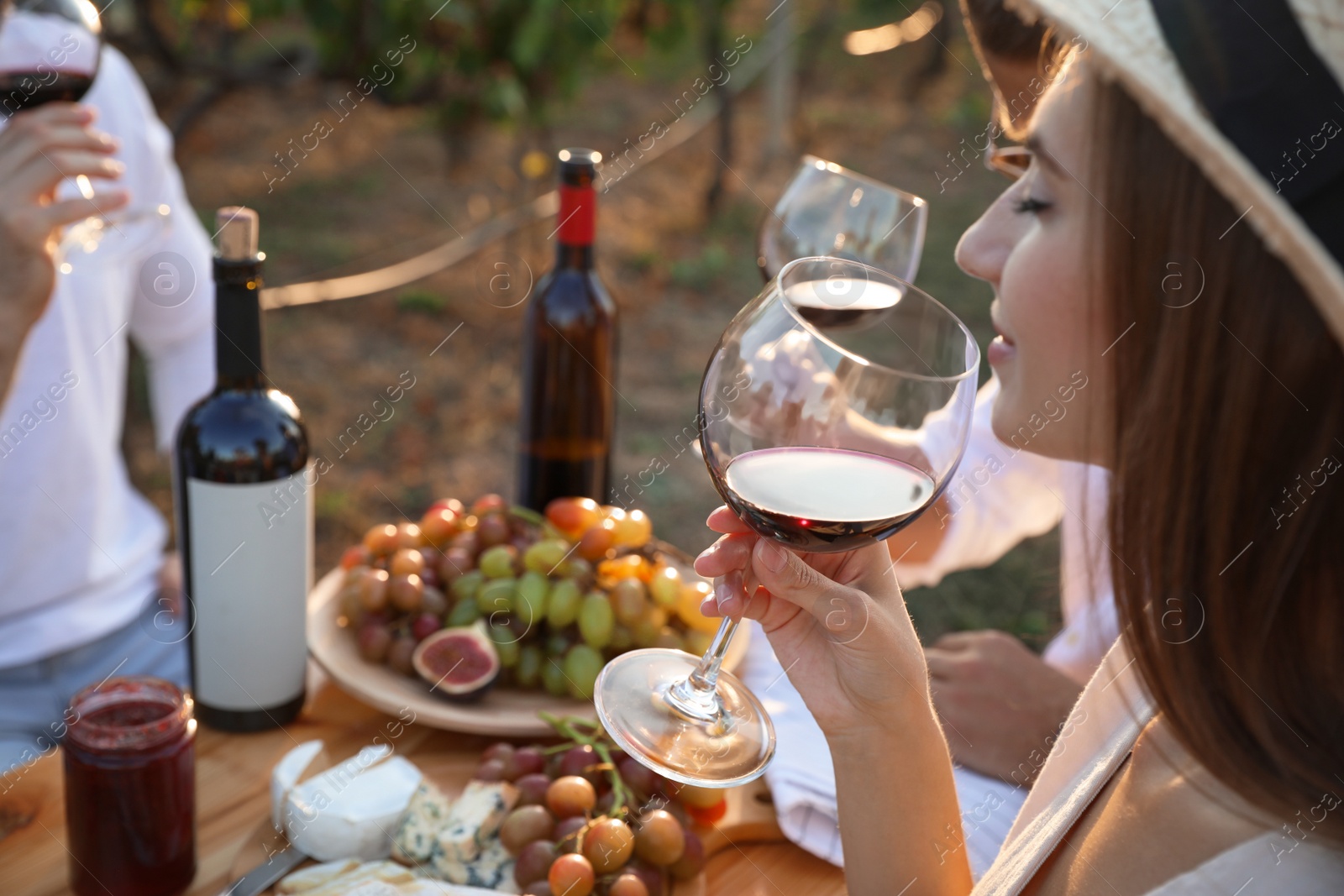 Photo of Friends holding glasses of wine and having fun in vineyard, closeup