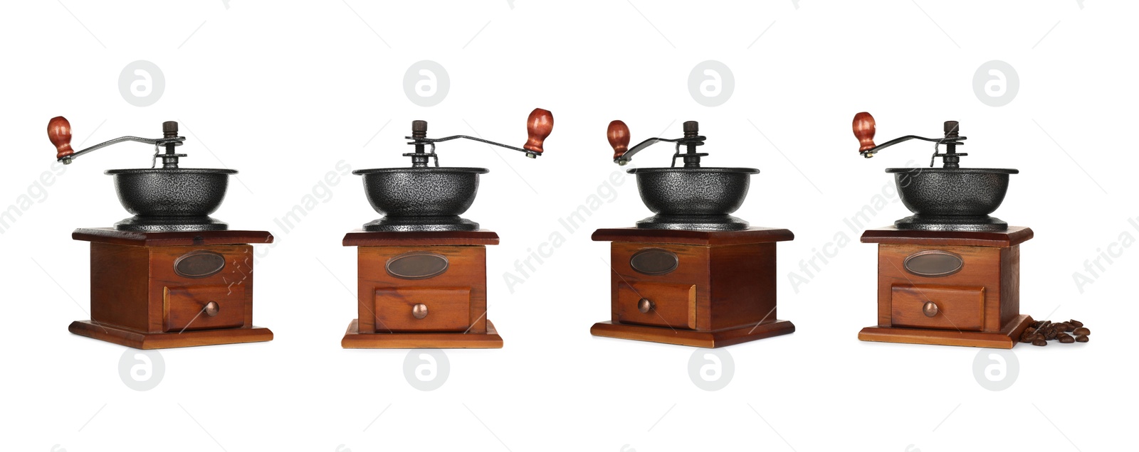 Image of Set with vintage manual coffee grinders on white background. Banner design