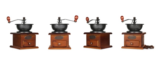 Image of Set with vintage manual coffee grinders on white background. Banner design