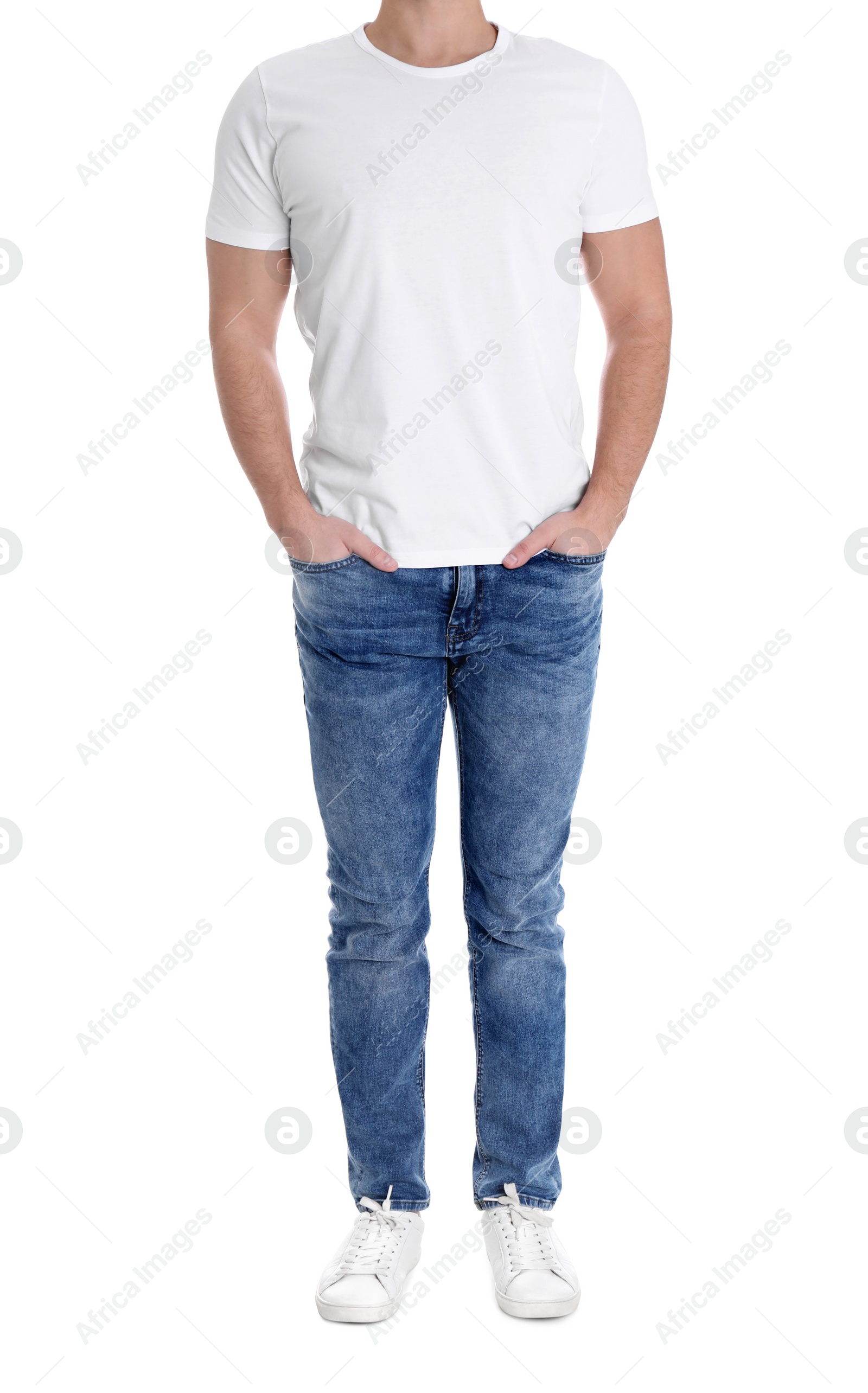 Photo of Young man on white background, closeup. Weight loss