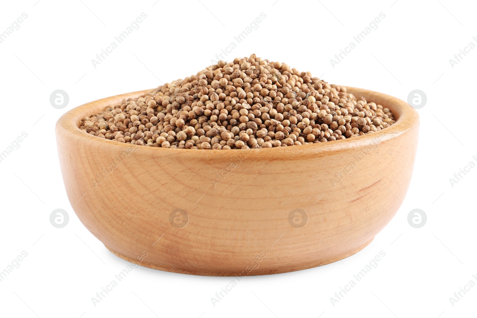 Photo of Dried coriander seeds in wooden bowl on white background