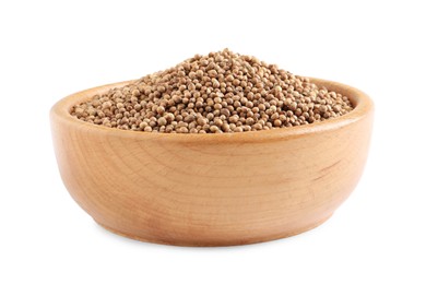 Dried coriander seeds in wooden bowl on white background