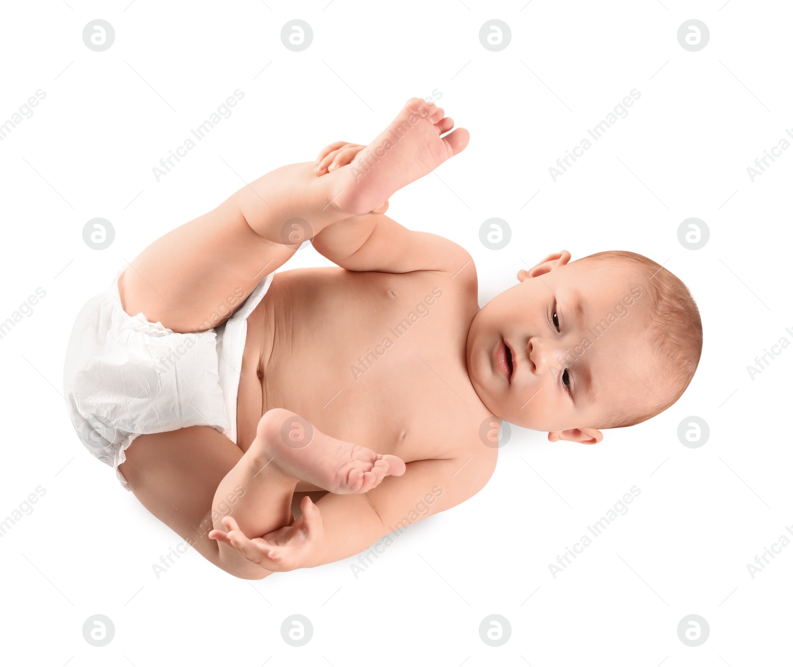 Photo of Cute little baby on white background, top view