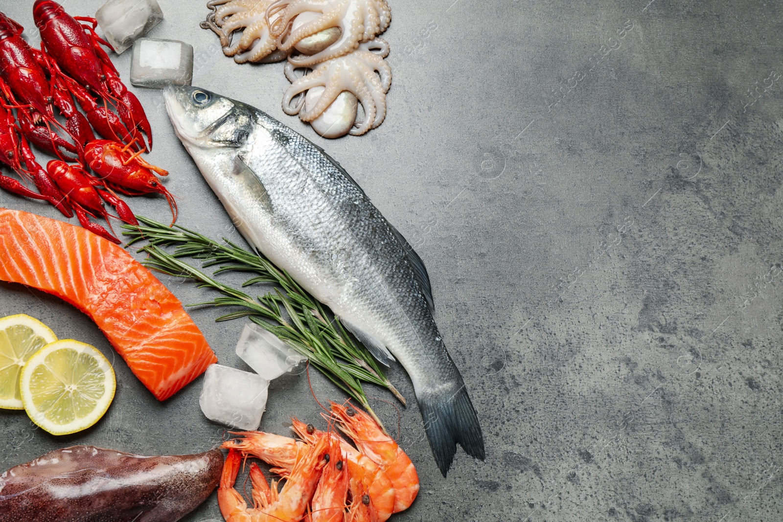 Photo of Fresh fish and seafood on grey table, flat lay. Space for text