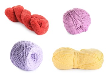 Image of Set with different woolen yarns on white background 