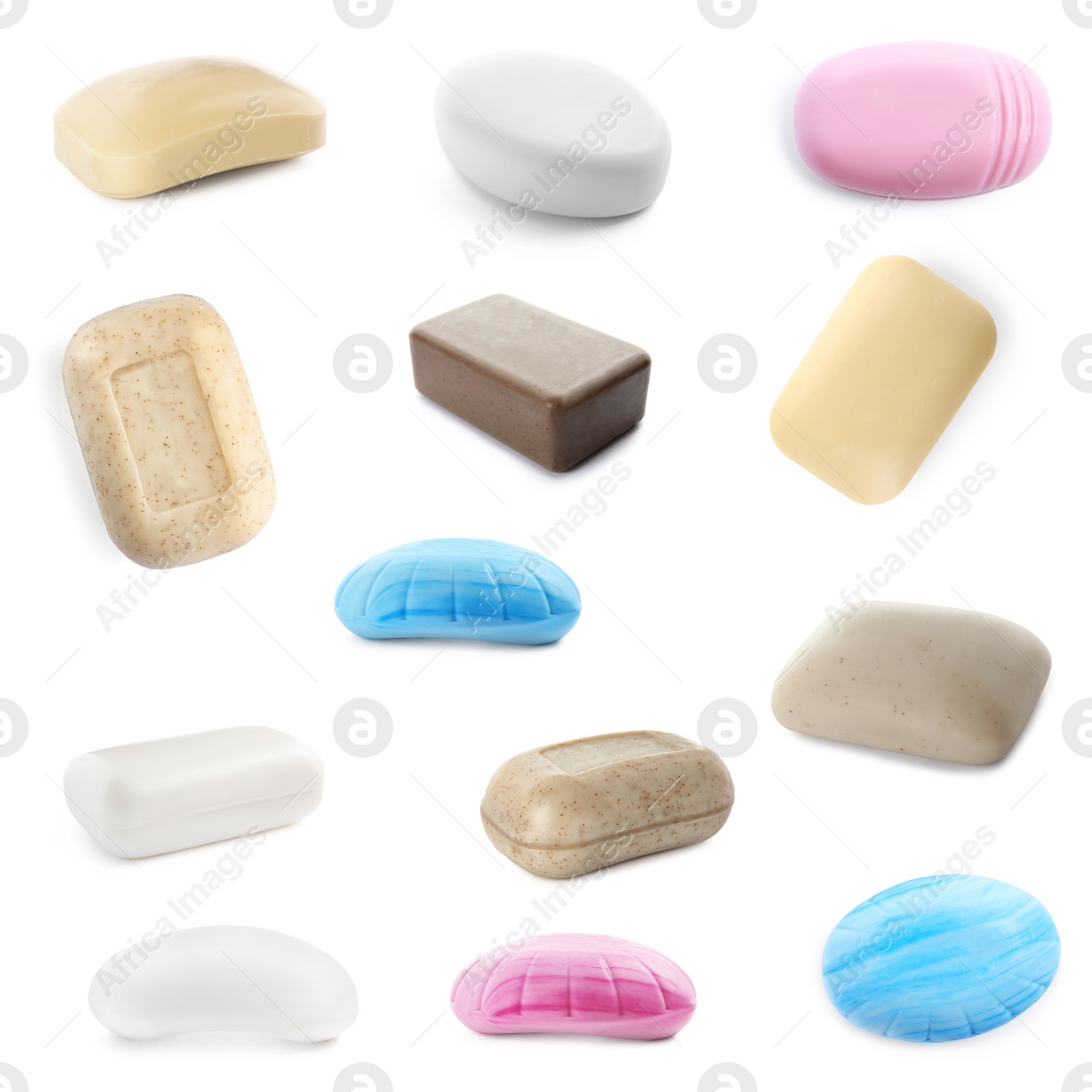 Image of Set of different soap bars on white background