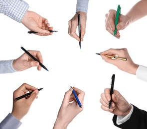 Image of Men and women holding pens on white background, closeup. Collage design