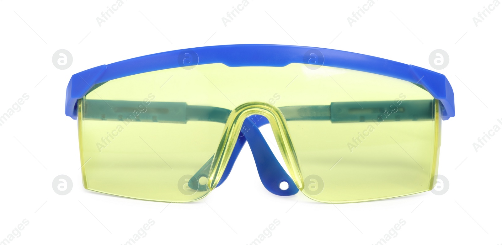 Photo of Protective goggles isolated on white. Safety equipment