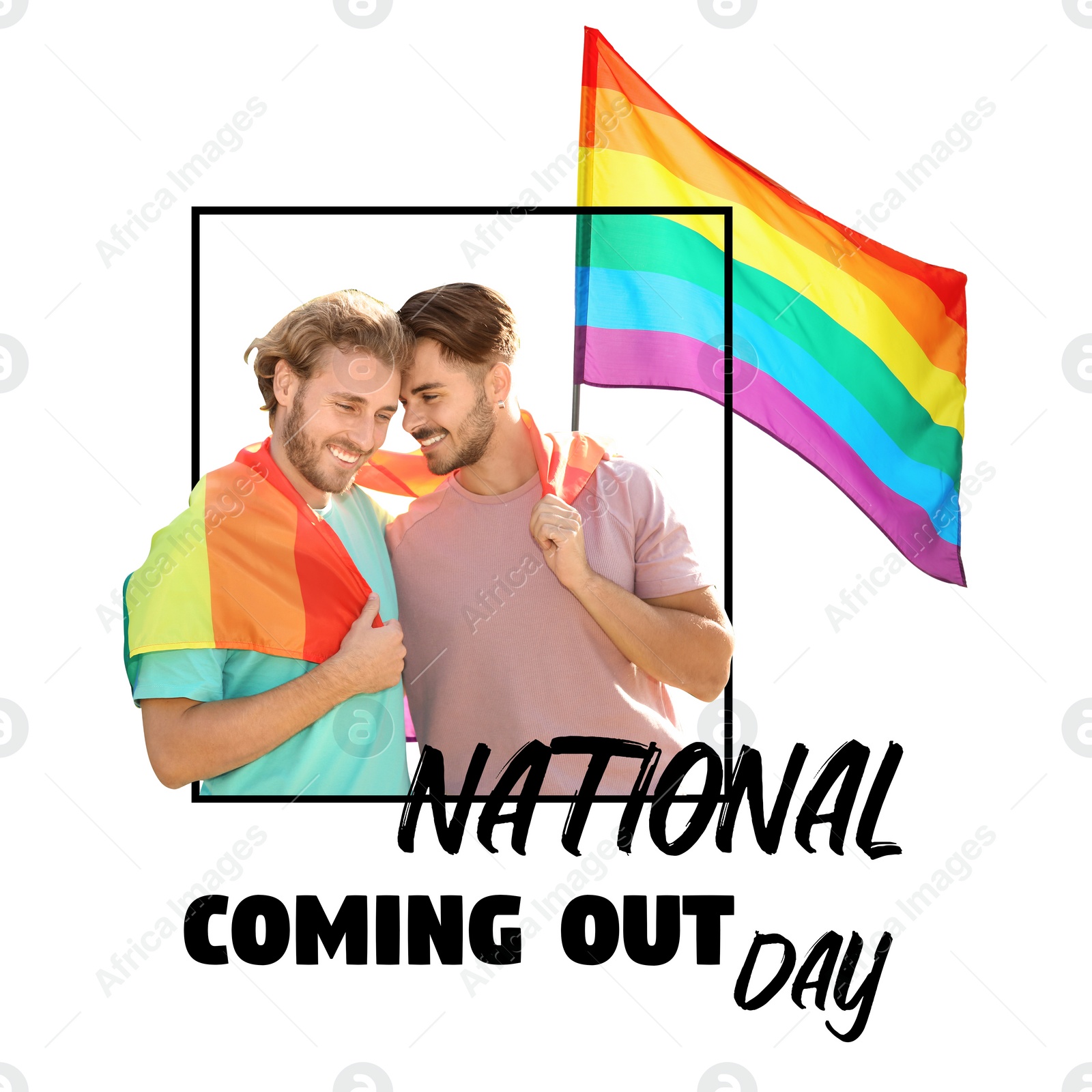 Image of National Coming Out day. Happy gay couple with rainbow pride flags on white background