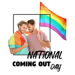 National Coming Out day. Happy gay couple with rainbow pride flags on white background