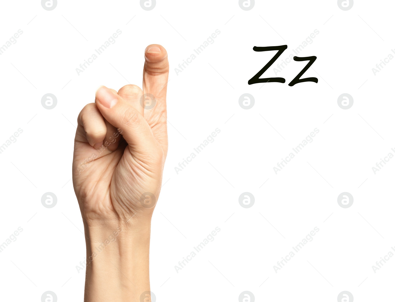 Image of Woman showing letter Z on white background, closeup. Sign language