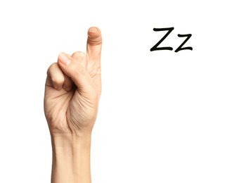 Image of Woman showing letter Z on white background, closeup. Sign language
