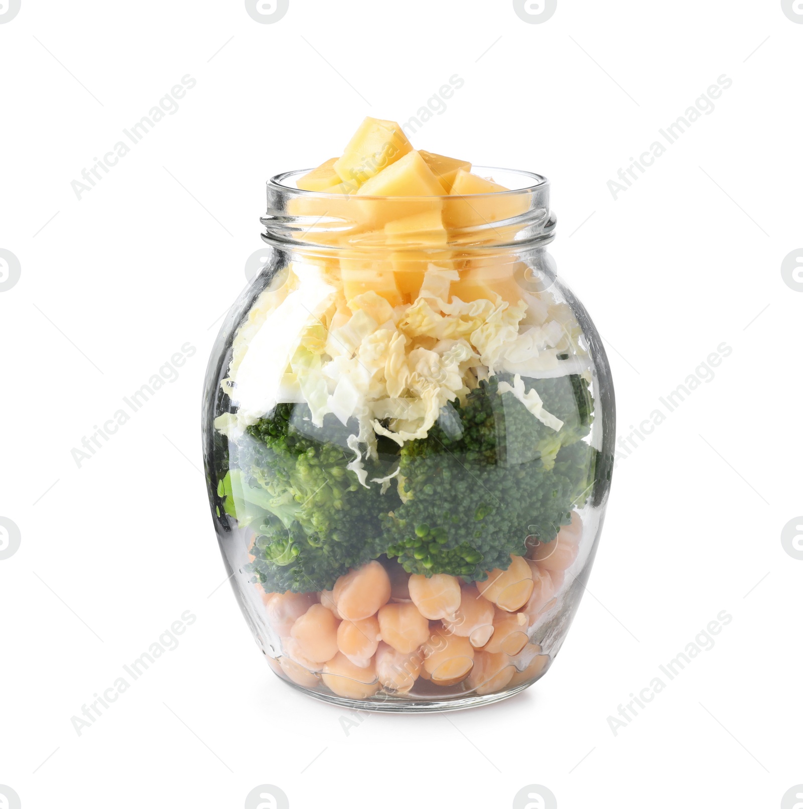 Photo of Healthy salad in glass jar isolated on white