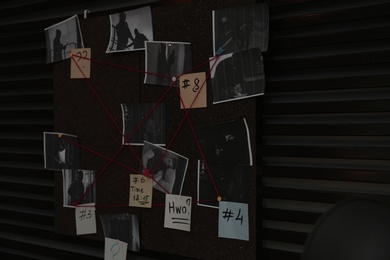 Photo of Detective board with crime scene photos, stickers, clues and red thread on wall