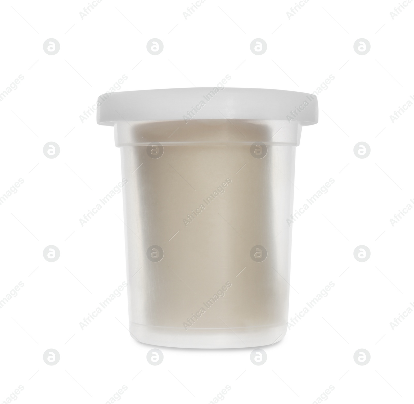 Photo of Plastic container of color play dough isolated on white