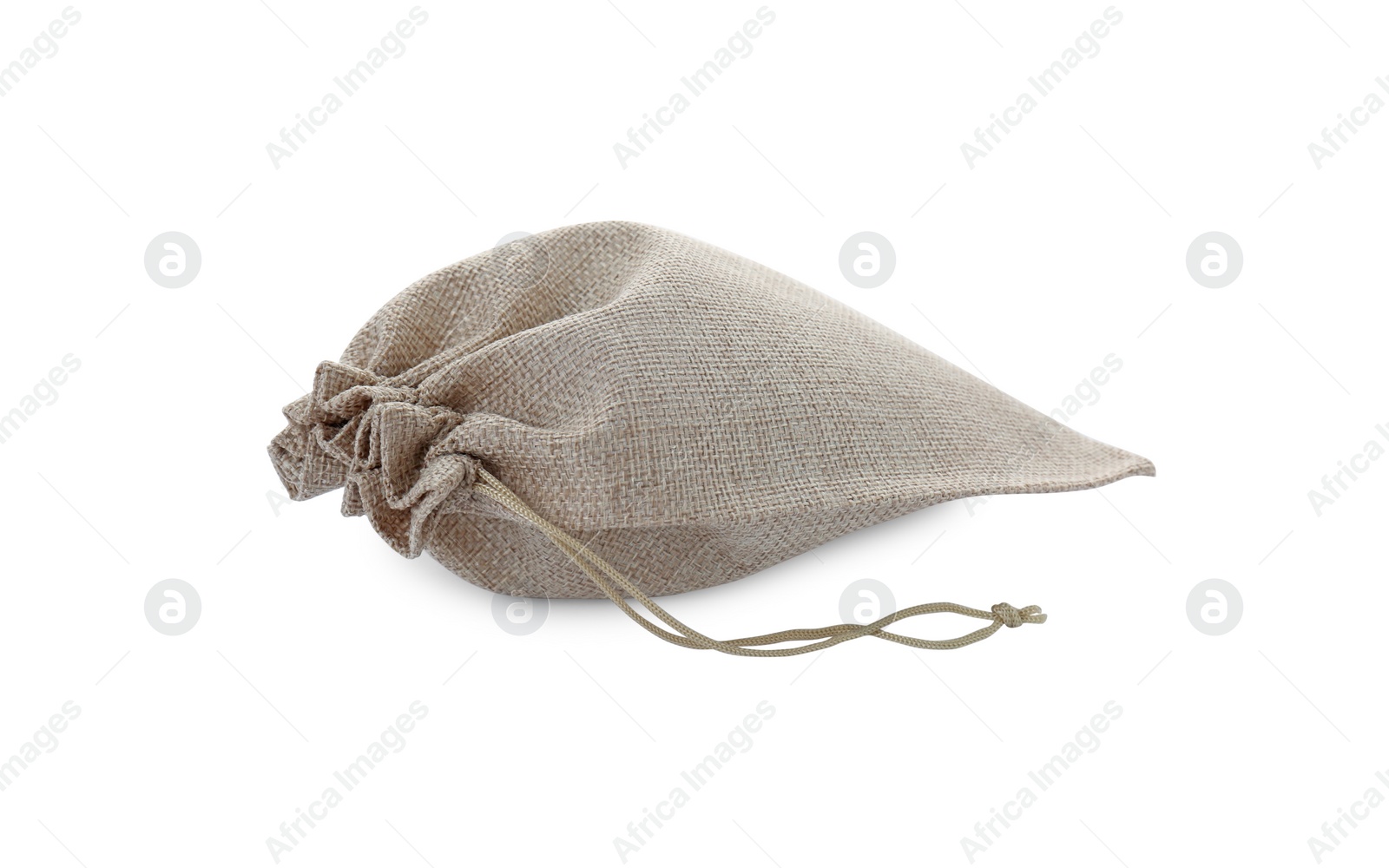 Photo of One tied burlap bag isolated on white