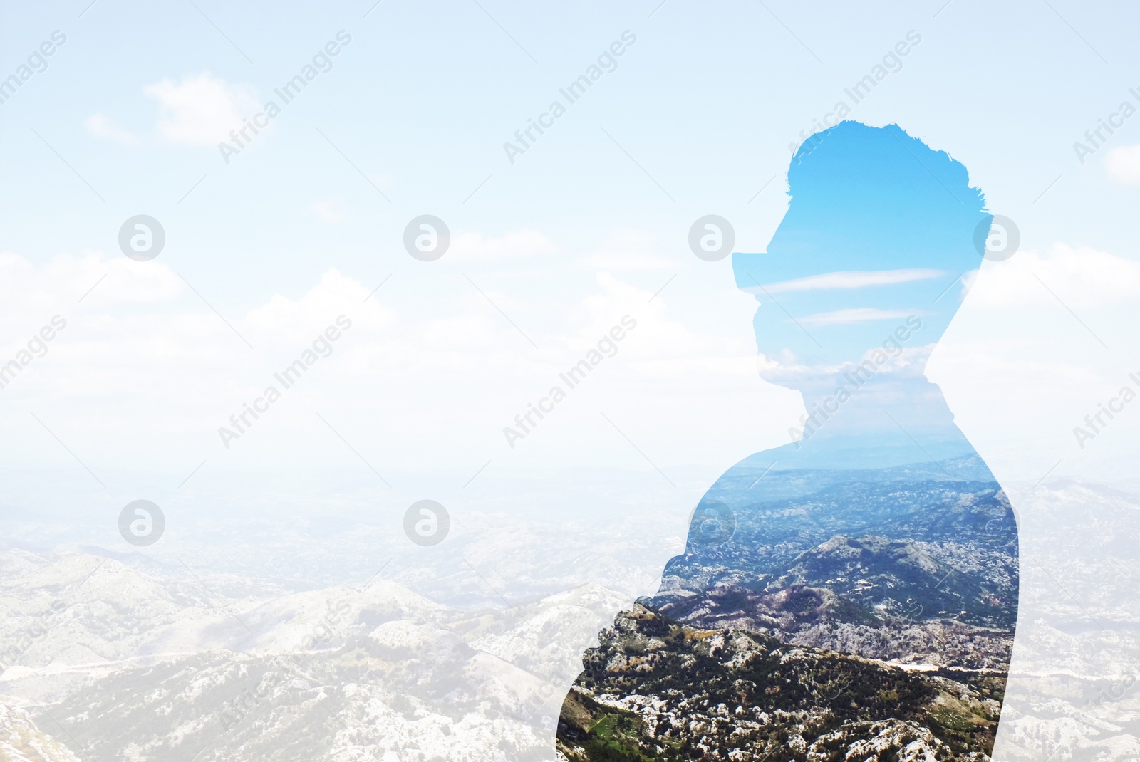 Image of Double exposure of businessman and mountain landscape, space for text