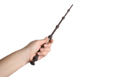 Photo of Woman holding magic wand on white background, closeup