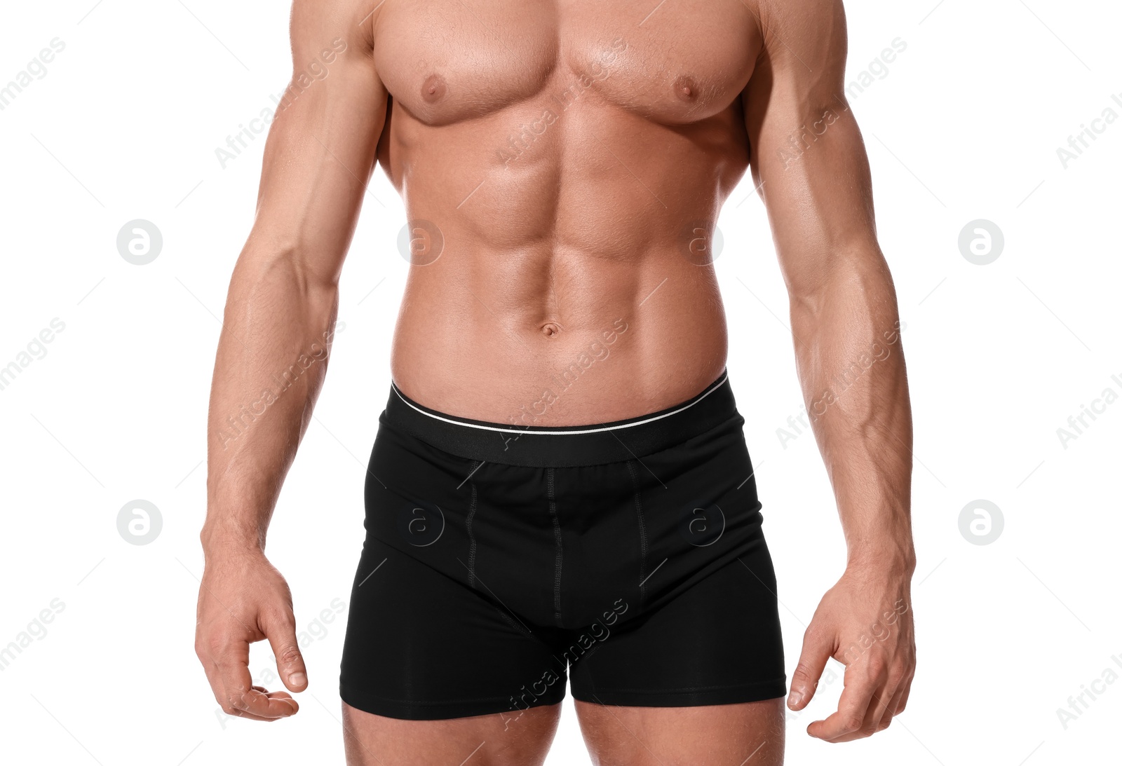 Photo of Young man is stylish black underwear on white background, closeup