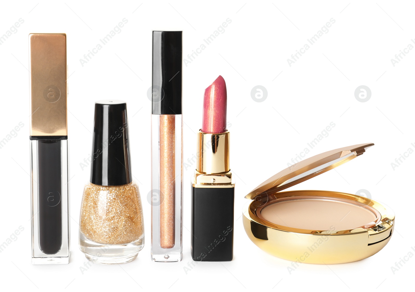 Photo of Set of luxury makeup products on white background
